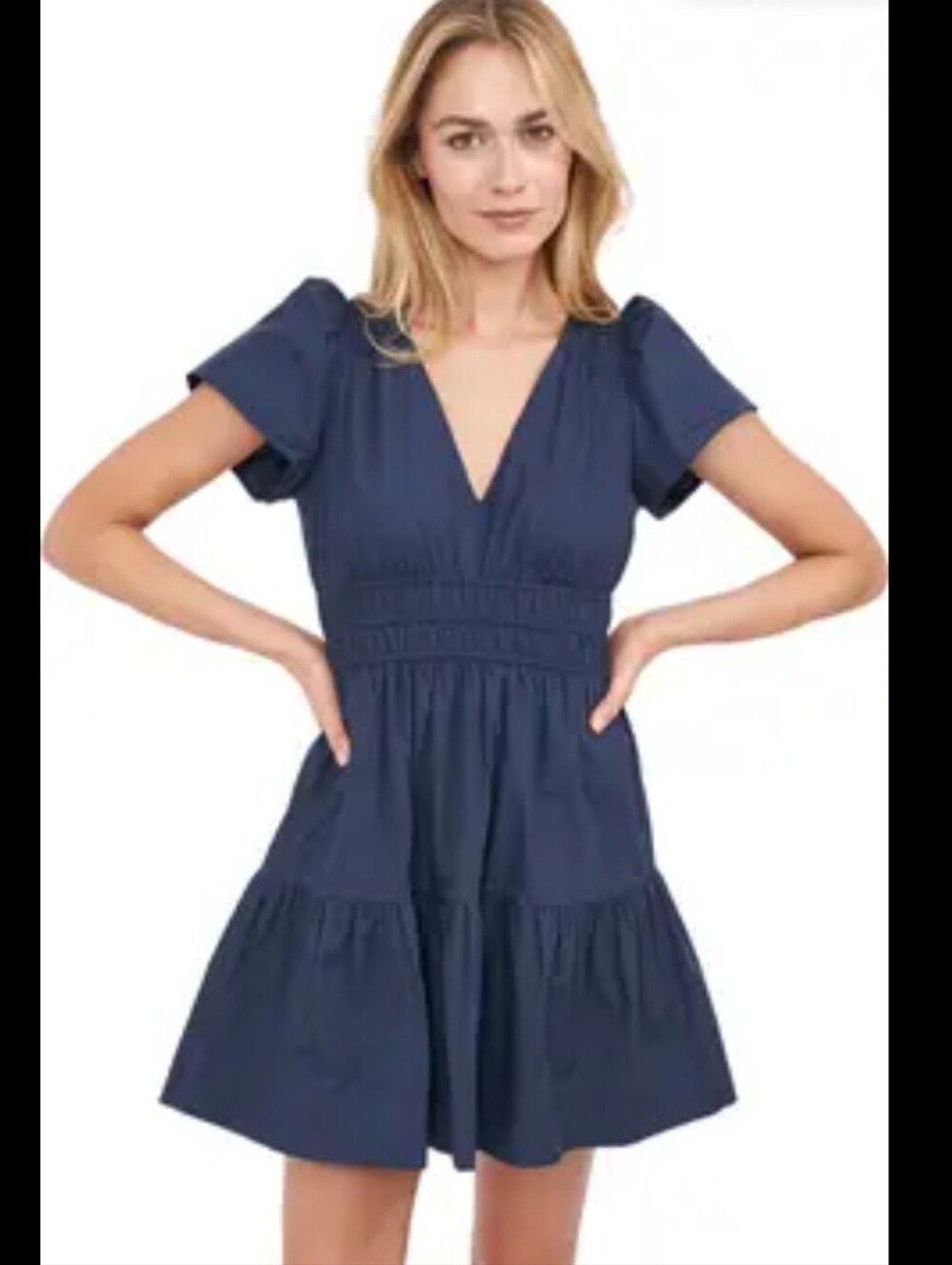 Marea Anna Navy Blue Cotton Poplin Vneck Mini Dress Size Small